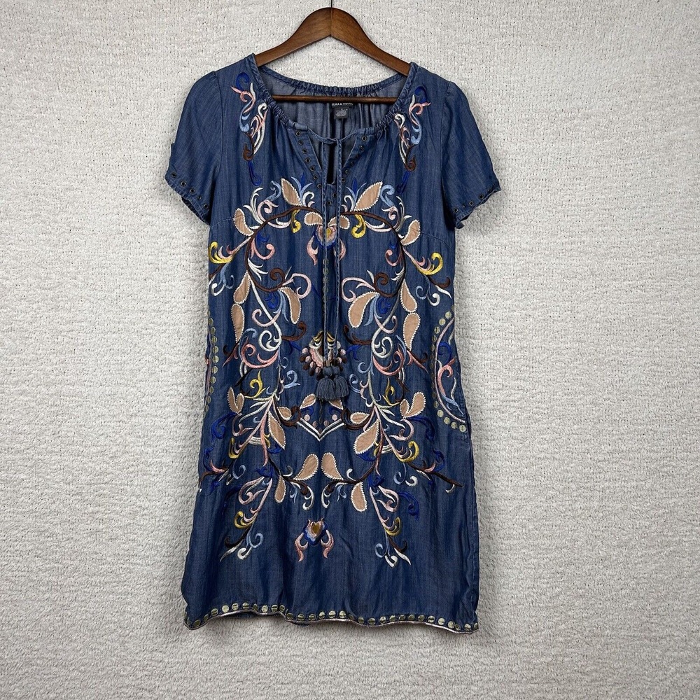 Chelsea & Theodore Dress Womens Sm Blue Embroidered Tencel Tassels Pockets Boho